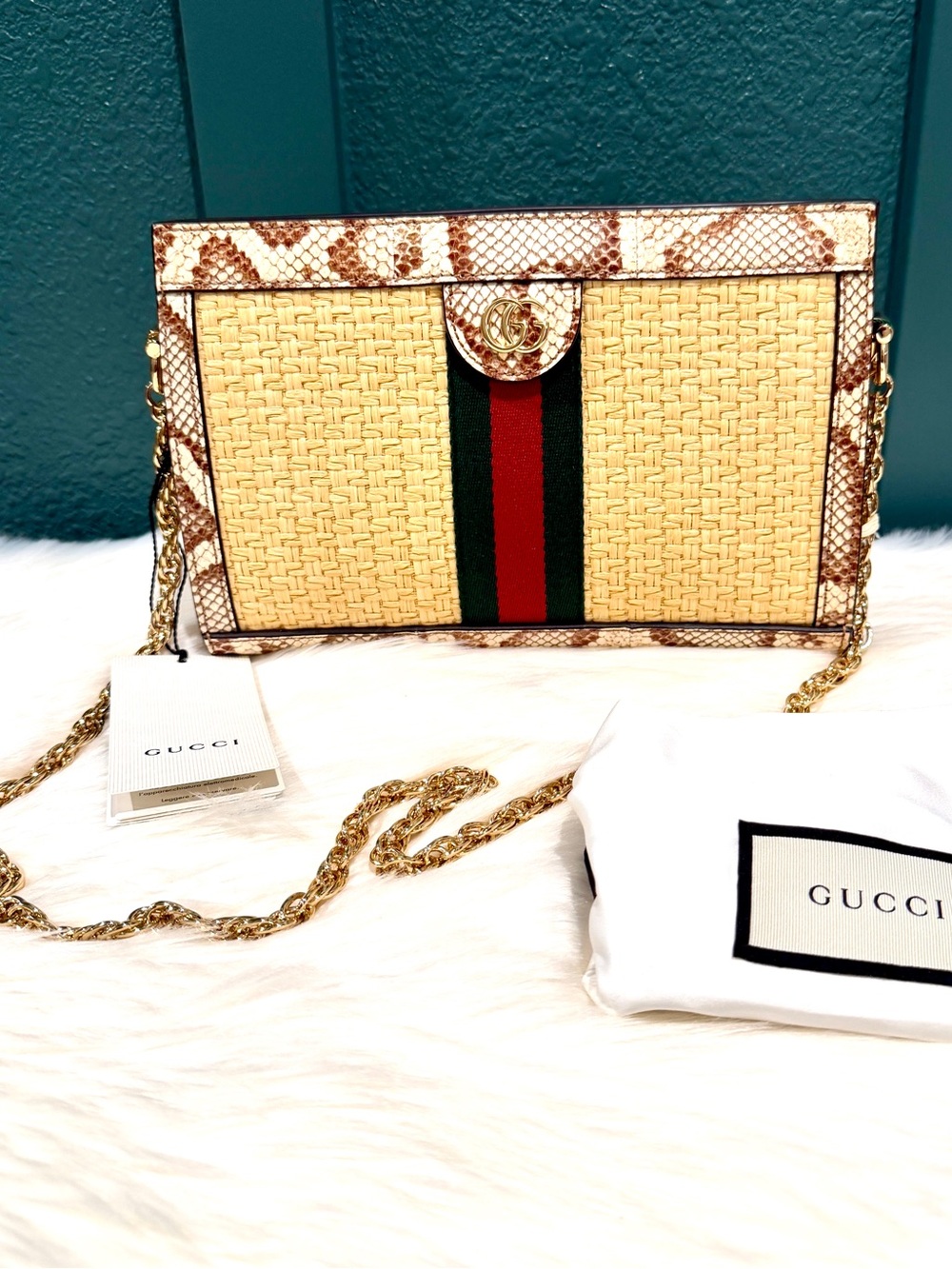 NEW Gucci Ophidia Straw Snake Print Bag